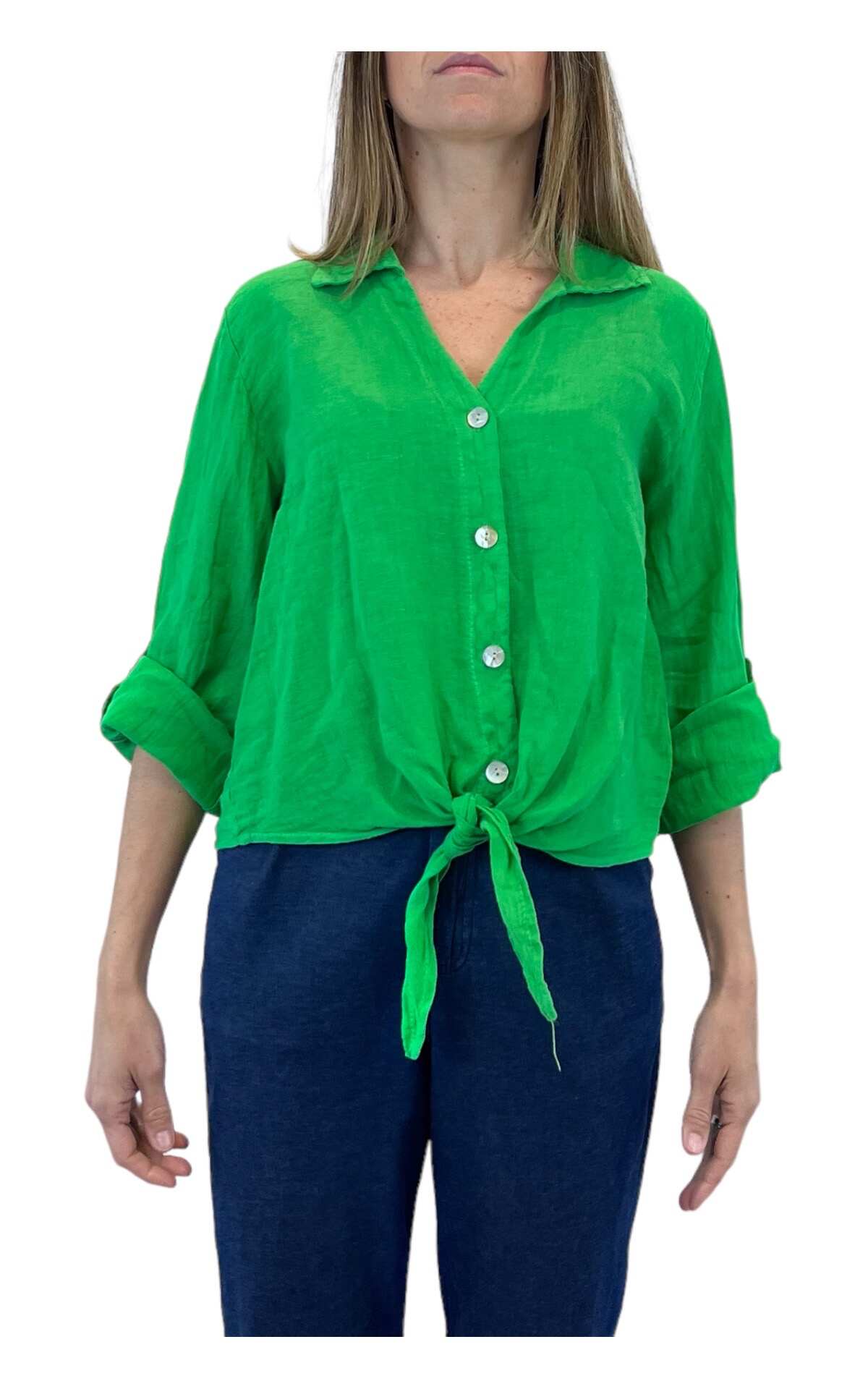 Camicia tinta unita verde in lino Initial