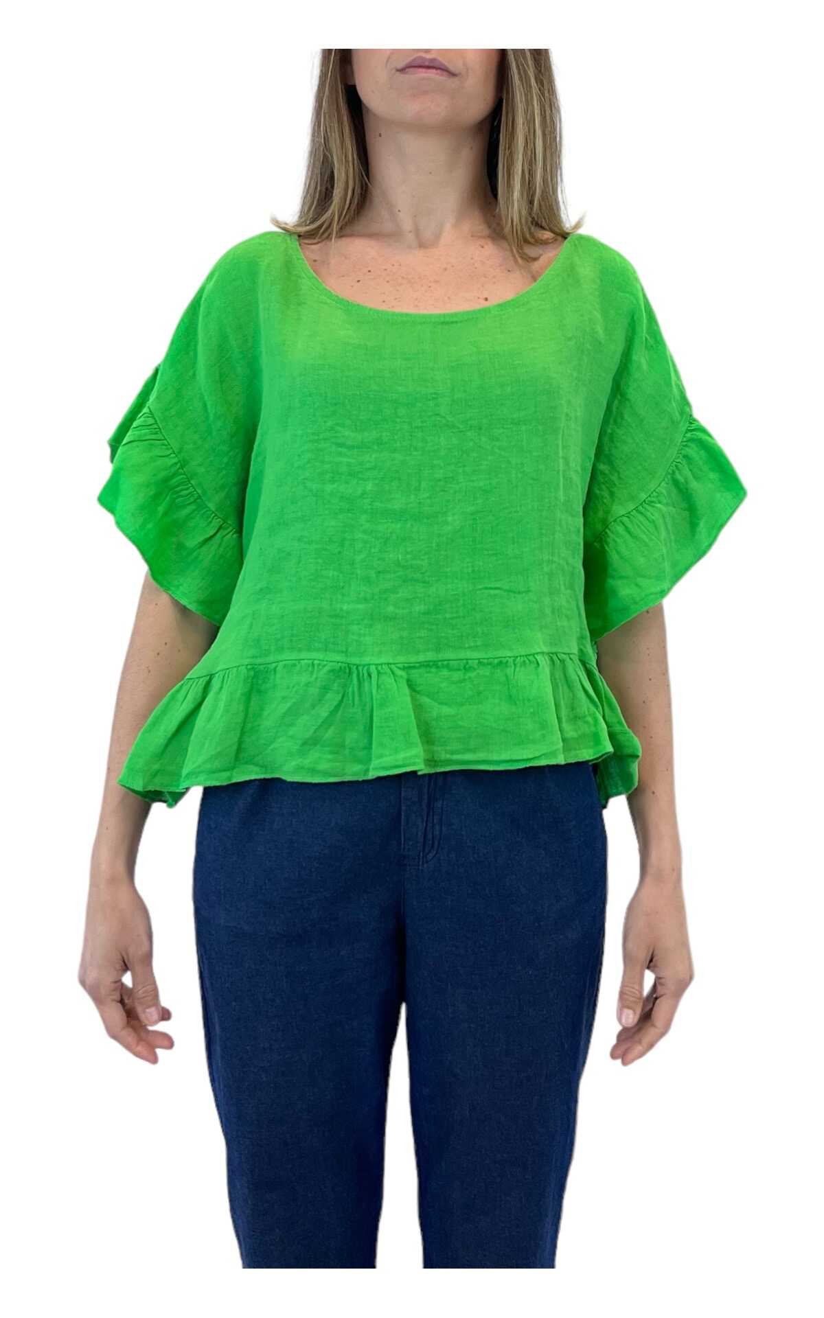 Blusa in lino con rouches verde Initial